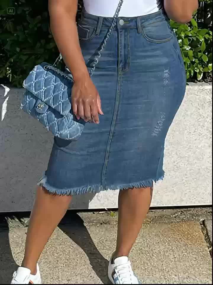 Jupe midi vintage taille haute en jean pour femme – Stretch, ourlet franc, aspect vieilli, lavable en machine, non transparente, bleu océan, tailles XS-XXL, jupe décontractée pour printemps, été et automne