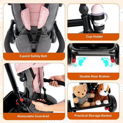 Tricycle 4-en-1 pour tout-petits avec poignée de poussée réglable et siège convertible, auvent amovible, harnais de sécurité et panier de rangement - Tricycle à pousser pour enfants de 18 à 60 mois, vélo rose à chevaucher pour filles