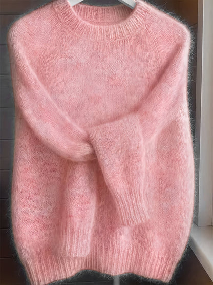 Pull à col rond style français pour femme | Pull en maille 100 % polyester doux et confortable, haut élégant à manches longues et coupe droite pour le printemps et l'automne