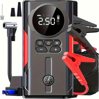 Démarreur de voiture portable 7-en-1 10000mAh – Batterie de secours multifonction avec lampe d'urgence LED pour moteurs essence (10 L) et diesel (9 L), kit d'outils d'urgence pour voiture