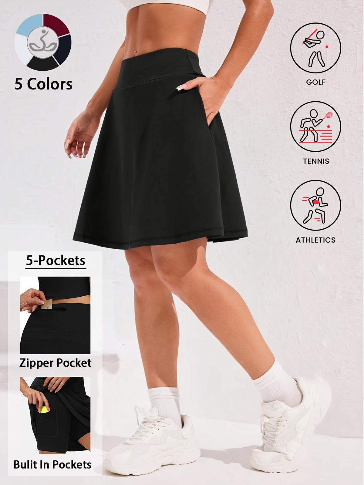 Jupe-short pour femme, longueur genou, 50 cm, avec 5 poches – Jupe de sport taille haute avec short intégré pour le tennis, le golf et le pickleball, jupe-short longue de sport, tailles S-XXL, coloris variés