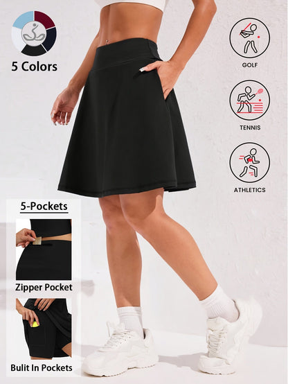 Jupe-short pour femme, longueur genou, 50 cm, avec 5 poches – Jupe de sport taille haute avec short intégré pour le tennis, le golf et le pickleball, jupe-short longue de sport, tailles S-XXL, coloris variés