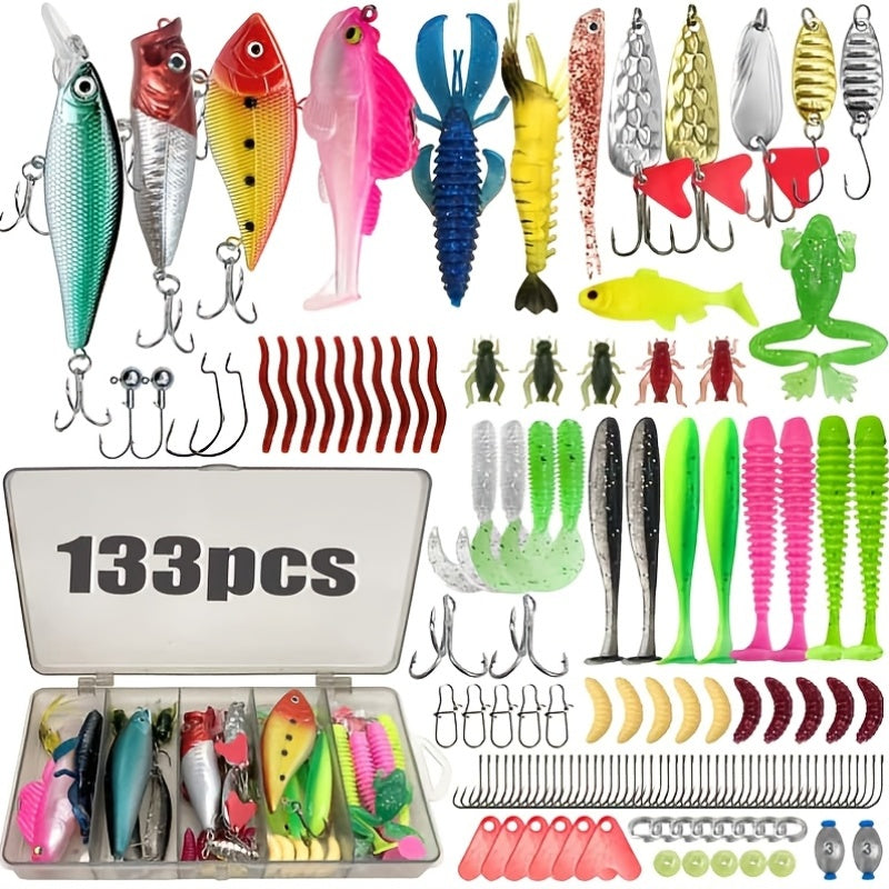 Kit de pêche de 133 pièces avec cuillers, leurres articulés, têtes plombées, plombs, hameçons et boîte de rangement – Ensemble complet pour débutants en eau douce pour la pêche au bar, à la truite et aux poissons-pan.