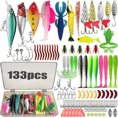 Kit de pêche de 133 pièces avec cuillers, leurres articulés, têtes plombées, plombs, hameçons et boîte de rangement – Ensemble complet pour débutants en eau douce pour la pêche au bar, à la truite et aux poissons-pan.