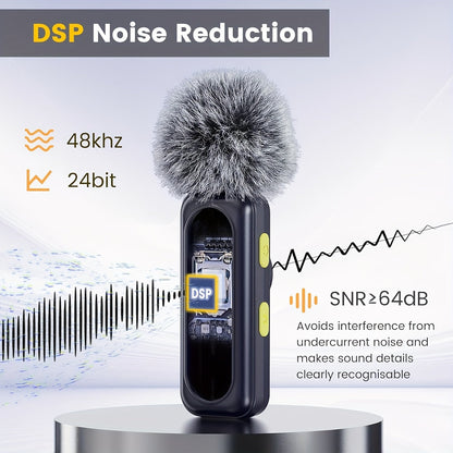 Wireless Lavalier Microphone USB-C 2.4G with DSP Noise Reduction, Digital Battery Display, 360° Omnidirectional Clip-On Lapel Mic, 100ft Range, Feather Windshield, Rotatable Magnetic Clip for iPhone, Android, Camera & Content Creators
