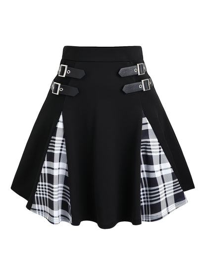 Mini-jupe trapèze gothique à carreaux avec boucle pour femme, jupe en tricot style Y2K à blocs de couleurs, noir gris rouge bleu violet S M L XL XXL