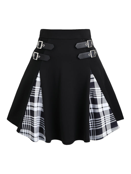 Mini-jupe trapèze gothique à carreaux avec boucle pour femme, jupe en tricot style Y2K à blocs de couleurs, noir gris rouge bleu violet S M L XL XXL