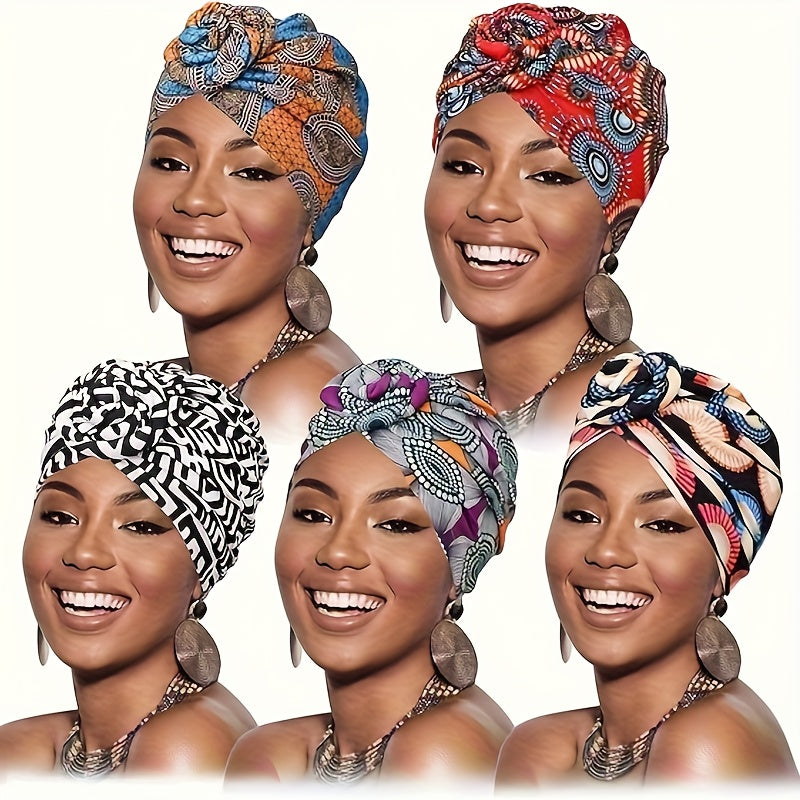 Lot de 5 turbans africains pour femmes – Bonnets bohèmes pré-noués avec nœuds multicolores pour le quotidien, les fêtes, les mariages et les occasions spéciales