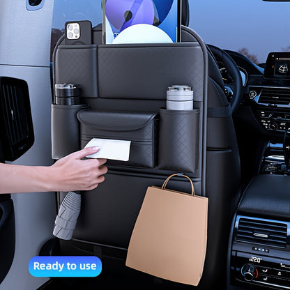 Organisateur de dossier de siège auto en cuir PU, grand sac de rangement multi-poches pour bouteilles d'eau, tablettes et ordinateurs portables – Organisateur d'intérieur de voiture élégant, noir classique, pour voitures, SUV et camions