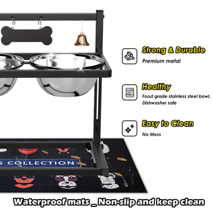 Elevated Dog Bowl Stand with Slow Feeder & Spillproof Mat - Height Adjustable 4.5"-12" Raised Dog Feeder with 2 Stainless Steel Bowls - Iron Frame Dog Bowl Stand for Large Medium Dogs Joint Health