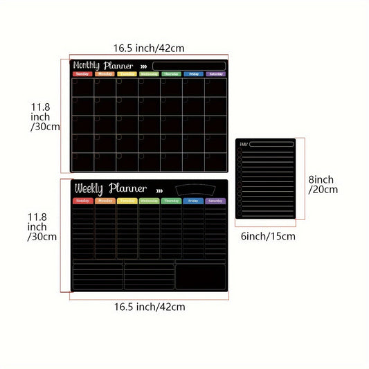 Hivillexun Black Magnetic Dry Erase Board Set of 3 – Monthly, Weekly & Daily Planner Boards for Refrigerator & Wall, Family Organizer Calendar with 8 Dry Erase Markers Included