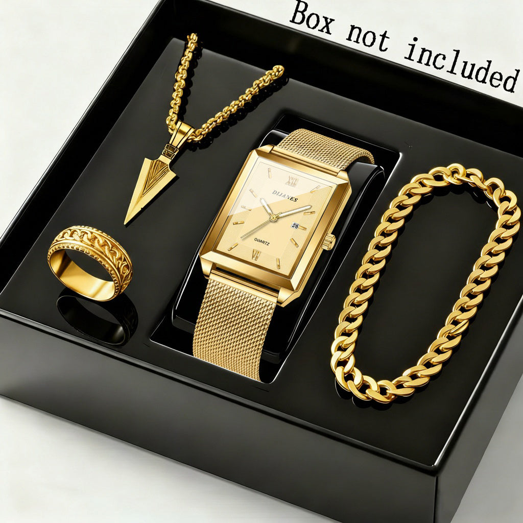 Ensemble montre à quartz et bijoux pour homme, 4 pièces – Montre à affichage de la date avec bracelet en acier inoxydable, collier, bracelet et bague, ensemble cadeau élégant décontracté chic pour homme, disponible en or, argent et noir