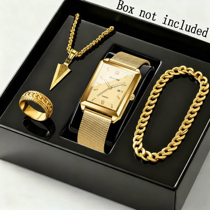 Ensemble montre à quartz et bijoux pour homme, 4 pièces – Montre à affichage de la date avec bracelet en acier inoxydable, collier, bracelet et bague, ensemble cadeau élégant décontracté chic pour homme, disponible en or, argent et noir