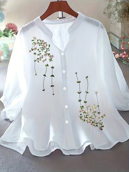 Women's Floral Embroidered Blouse Long Sleeve Button Down - White Elegant Stand Collar Casual Shirt, Delicate Flower Print Summer Top S-XXL