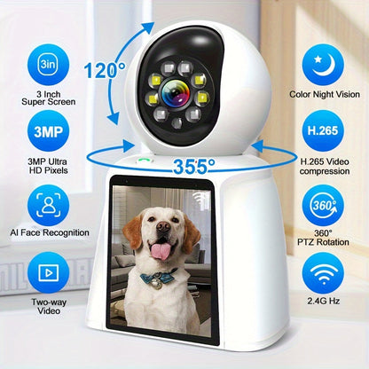 Caméra intérieure WiFi PTZ avec écran intégré de 3 pouces, appel vidéo HD 3MP, audio bidirectionnel, vision nocturne couleur, détection par IA, moniteur pour animaux, bébé et personnes âgées, caméra de sécurité domestique avec contrôle par application