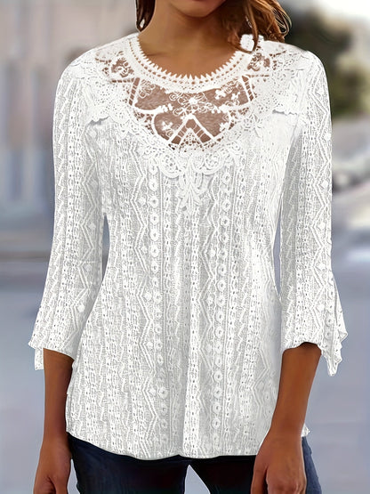 Blouse à manches longues pour femme avec bordure en dentelle contrastante – Haut élégant à col rond semi-transparent sexy pour le printemps, l'été et l'automne en noir, blanc et rouge orangé