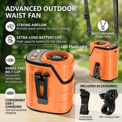 Ventilateur de taille 4-en-1 avec lampe torche, batterie externe et ventilateur de cou – Ventilateur de ceinture portable rechargeable pour l'extérieur, longue autonomie, 3 couleurs, disponible à l'unité et en lot de 2