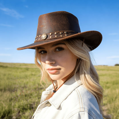 Chapeau de cow-boy en cuir véritable pour hommes et femmes, style western australien à larges bords, forme modulable, protection UV, chapeau vintage marron avec cordon de menton, tailles S à 3XL