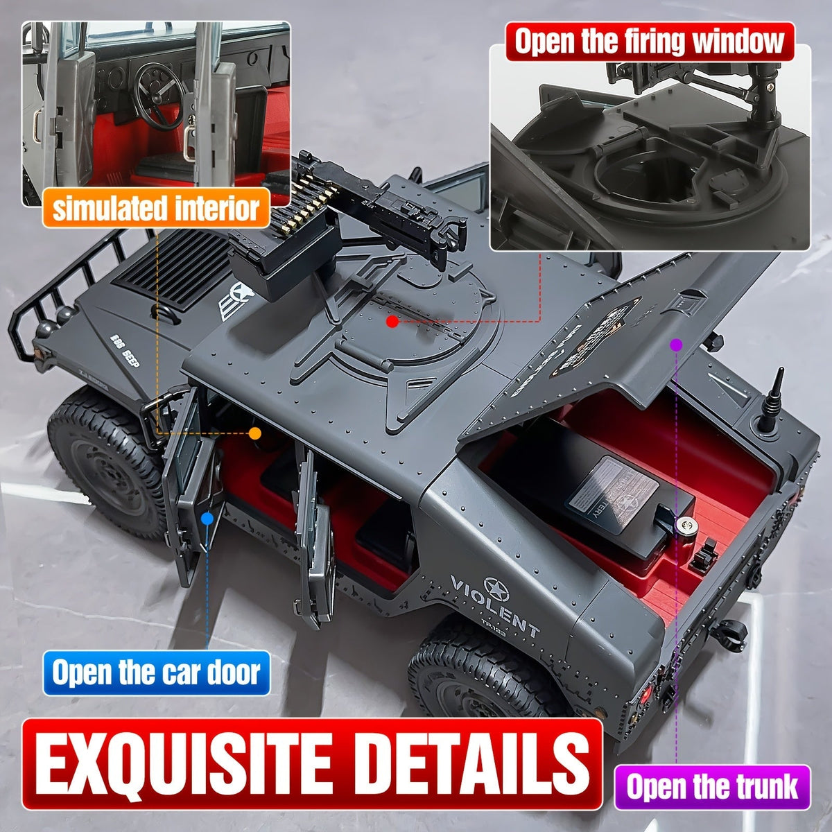 Véhicule militaire tout-terrain radiocommandé à échelle réelle C8835 pour adultes - Transmission proportionnelle, vitesse variable, franchissement, éclairage LED multi-modes, 5 portes ouvrantes, accessoires de mitrailleuse et treuil en option