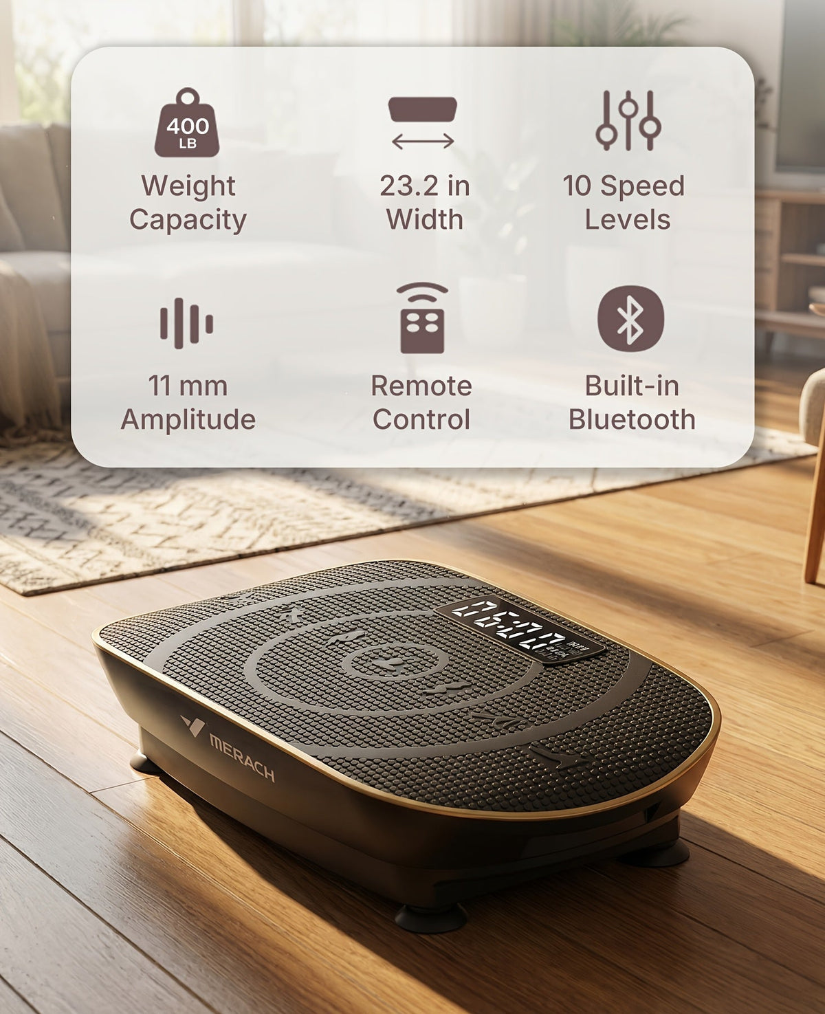 Plaque vibrante MERACH CV30 Pro, plateforme d'exercice corps complet à détection automatique avec haut-parleur Bluetooth, bandes de résistance, 10 niveaux de vitesse, écran LED, capacité de 150 à 200 kg – Appareil de fitness pour domicile