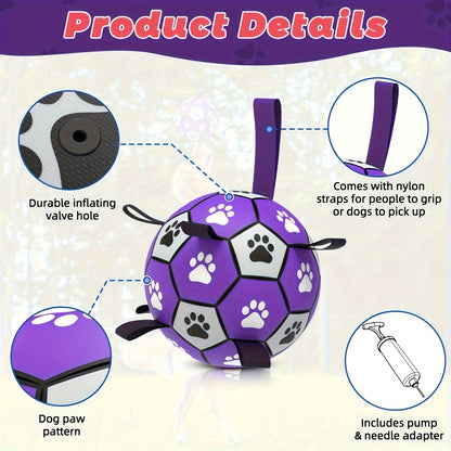 Dog Soccer Ball with Straps Interactive Training Toy - Durable Bouncy Fetch Ball Floats on Water, Indoor Outdoor Play for Small Medium Large Dogs, High-Energy Exercise Ball for All Breeds