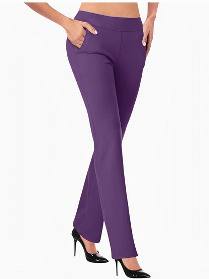 Pantalon femme taille haute évasé et stretch | Pantalon jambes larges à taille élastique avec poches décontracté élégant printemps été pantalon long