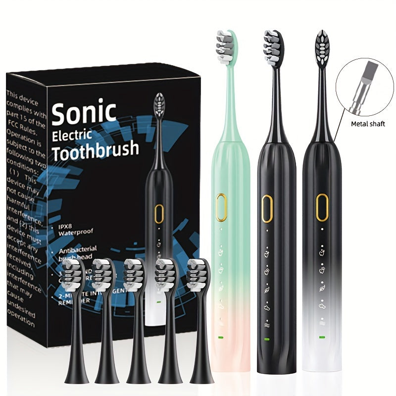 Sonic Electric Toothbrush IPX8 Waterproof USB Rechargeable with 5 Replacement Brush Heads Smart Timer Metal Shaft for Adults Men Women Couple Style Rechargeable Oral Care