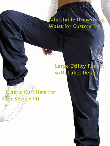 Pantalon cargo pour femme avec poches zippées – Taille élastique à cordon de serrage, grandes poches, pantalon décontracté pour l'extérieur, noir, gris, vert, bleu, XS-XXL