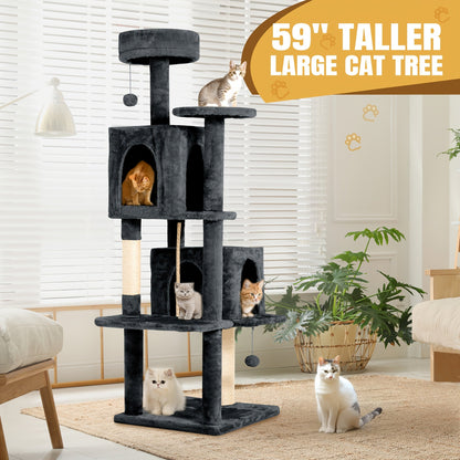 Arbre à chat multi-niveaux de 150 cm pour chats d'intérieur – Grand arbre à chat avec zone de repos en peluche, poteau à griffer en sisal et jouet à balle suspendue – Idéal pour chambre, salon et foyers multi-chats – Velora