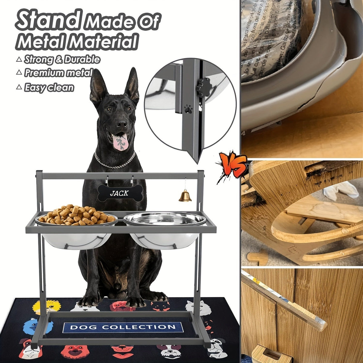 Gamelles surélevées pour grands chiens, support réglable avec 2 gamelles en inox de 3000 ml, structure en fer anti-basculement pour races très grandes