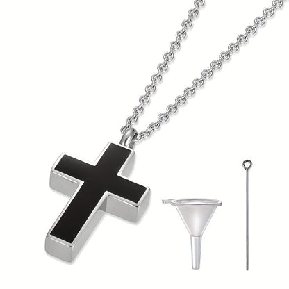 Collier urne funéraire en acier inoxydable pour cendres – Pendentif souvenir commémoratif pour animal, être humain et proches avec kit de remplissage, croix et bijou de condoléances pour le deuil