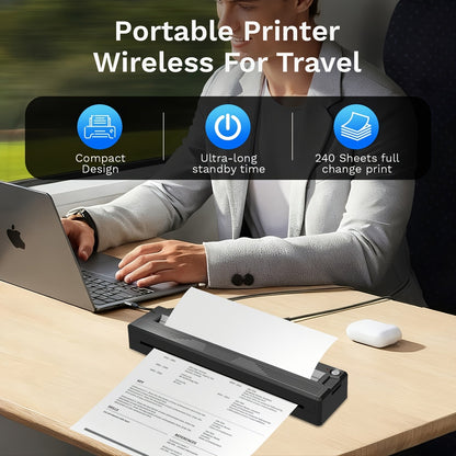 Imprimante thermique sans fil portable pour le voyage – Version améliorée 2026, imprime les formats lettre 8,5"x11", légal, A4 et A5, compatible avec iPhone, Android et ordinateur portable, comprend 10 feuilles de papier thermique plié – Noir