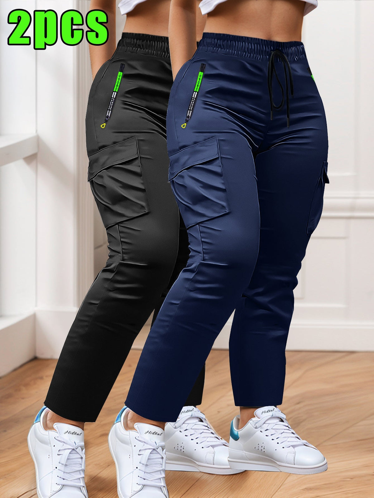 Lot de 2 pantalons cargo pour femme – Coupe ajustée, jambe droite, poches multiples – Taille à cordon, poches zippées, pantalon décontracté pour le travail en extérieur et le quotidien, XS-XXL