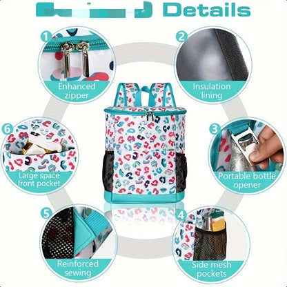 Sac à dos glacière isotherme 30 canettes motif léopard avec poches en filet et bretelles réglables - Sac glacière en nylon étanche pour la plage, le camping, le pique-nique, la randonnée, les voyages et l'usage quotidien
