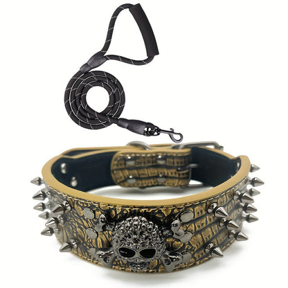 Ensemble collier et laisse pour chien à clous et rivets – Collier en cuir synthétique style punk rock pour dressage et promenade, ajustable et robuste avec boucle en métal pour petits, moyens et grands chiens