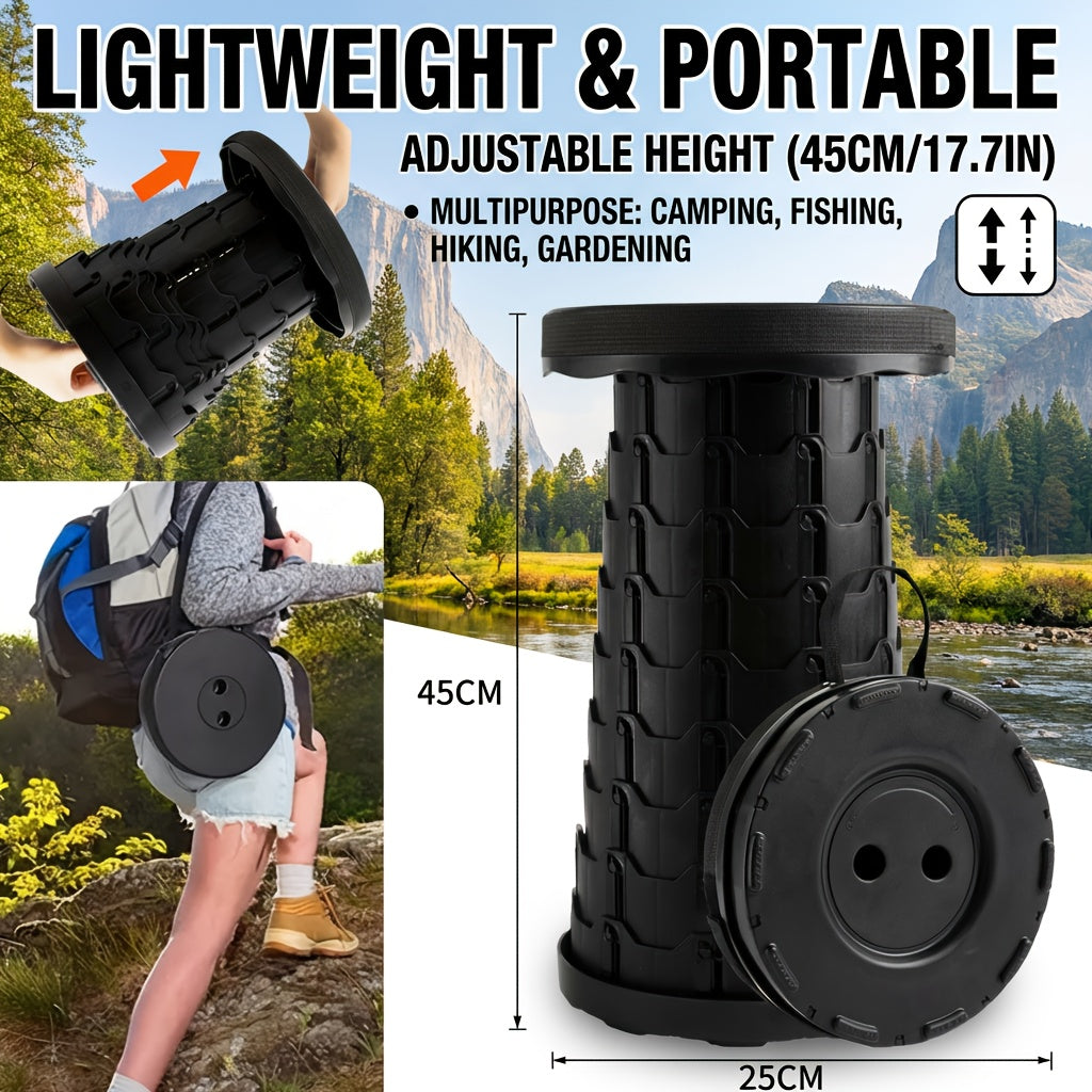 Lot de 2 tabourets pliants télescopiques – Capacité de 180 kg, tabouret de camping portable, rangement compact pour voyage, camping, randonnée, pêche et barbecue dans le jardin – Siège en plastique léger, cadeau pour homme