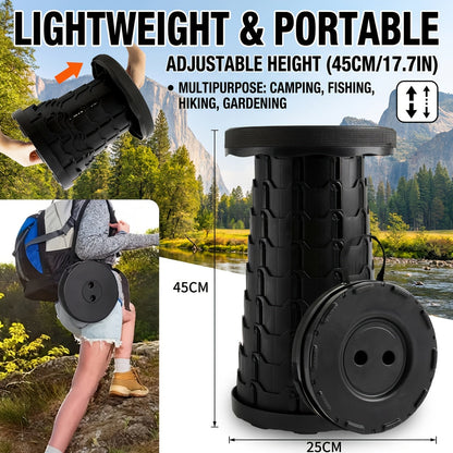 Lot de 2 tabourets pliants télescopiques – Capacité de 180 kg, tabouret de camping portable, rangement compact pour voyage, camping, randonnée, pêche et barbecue dans le jardin – Siège en plastique léger, cadeau pour homme