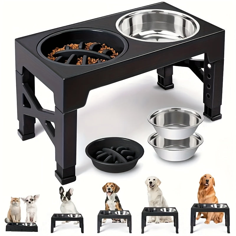 Support de gamelle réglable en hauteur avec gamelle anti-glouton et bol en acier inoxydable – Station de nourriture pliable à 5 niveaux pour chiens et chats de taille moyenne à grande, noir et rose