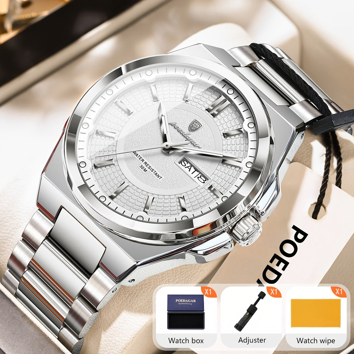 Montre à quartz pour homme POEDAGAR, étanche, lumineuse, en acier inoxydable avec affichage du calendrier hebdomadaire – Design élégant et classique, cadeau parfait pour homme, disponible en plusieurs coloris