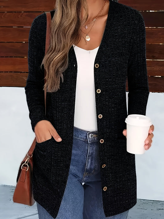 Gilet cardigan à col en V pour femme, boutonné, en maille avec poches, pull uni automne-hiver, S-XXL