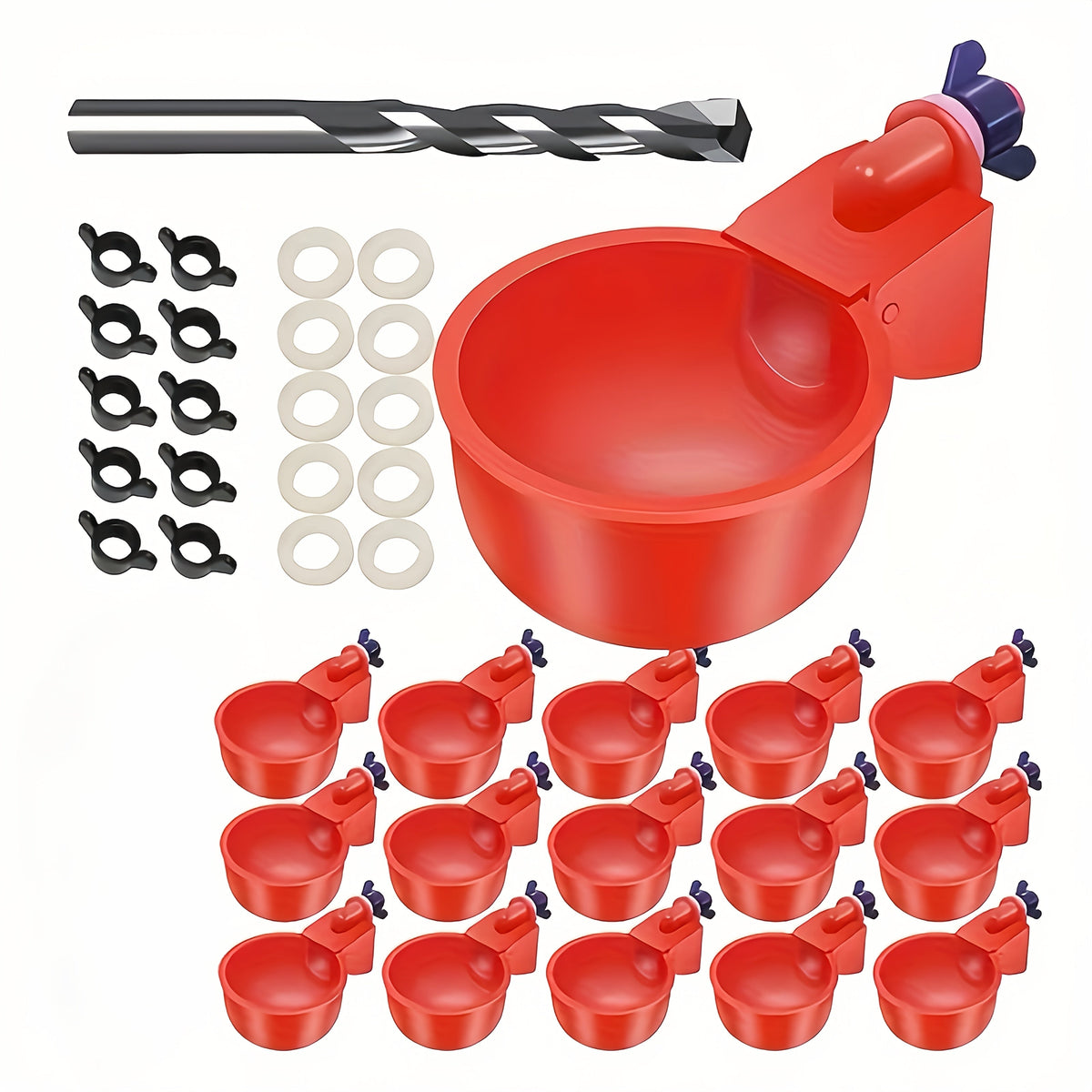 Lot de 16 abreuvoirs automatiques pour volailles – Bols auto-remplissants pour poules, canards et oiseaux avec foret et support – Valve à flotteur intégrée avec arrêt automatique – PP durable, sans pile requise
