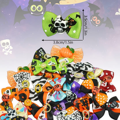 Lot de 20 nœuds pour poils de chien Halloween avec élastiques – Rubans de toilettage pour chiots et Yorkies de 40 mm, motifs et couleurs variés – Accessoires de toilettage festifs pour petits chiens et chats