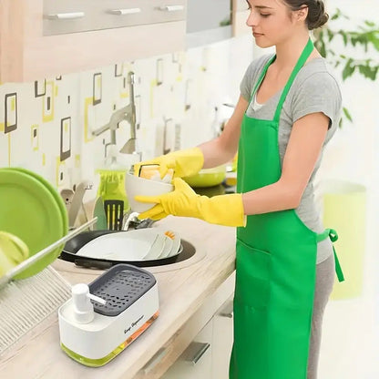 Distributeur de savon 2-en-1 avec porte-éponge intégré pour évier de cuisine – Distributeur à pompe pour comptoir pour savon à mains et vaisselle, distributeur de détergent, recharge facile, organisateur de cuisine idéal