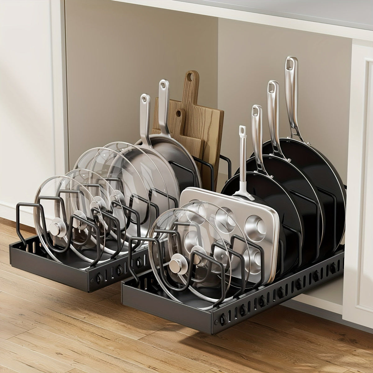Organisateur de casseroles et poêles coulissant pour sous-meuble, lot de 2 organisateurs de placard coulissants avec 8 séparateurs réglables, support de couvercles pour ustensiles de cuisine et plaques de cuisson