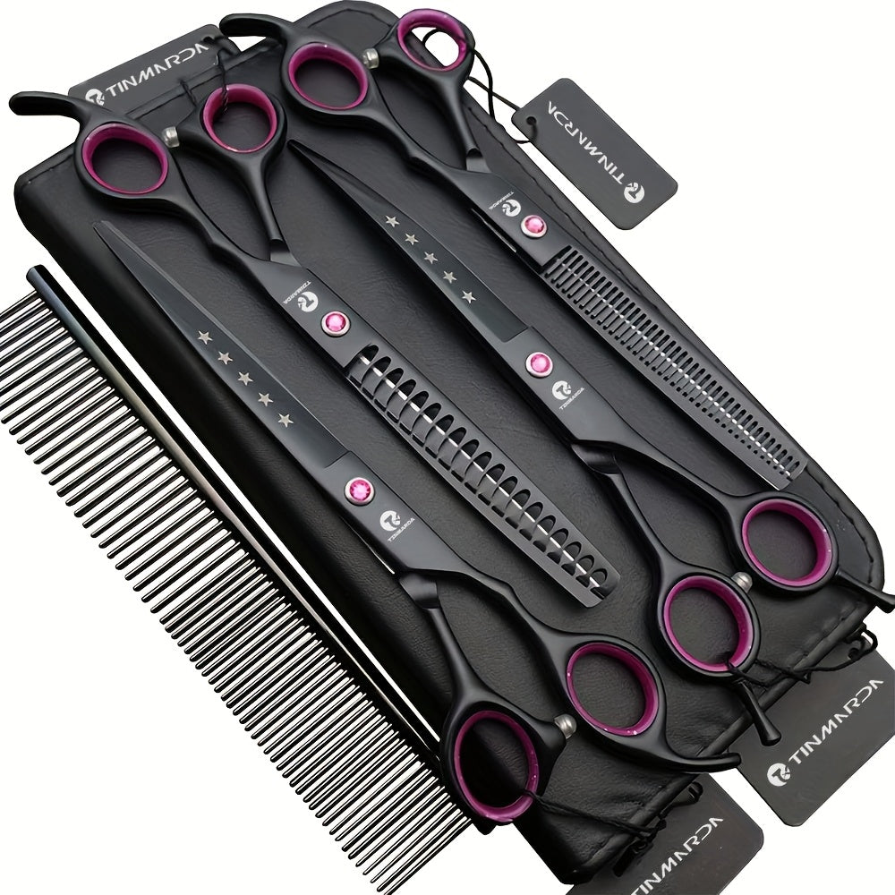 Set de 4 ciseaux professionnels de toilettage pour chien de 7 pouces, incluant ciseaux droits, sculpteurs, courbes et effileurs avec peigne et étui, en acier inoxydable 6CR, tranchants et durables, noirs