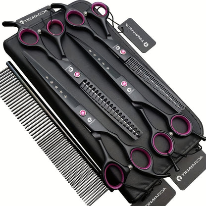 Set de 4 ciseaux professionnels de toilettage pour chien de 7 pouces, incluant ciseaux droits, sculpteurs, courbes et effileurs avec peigne et étui, en acier inoxydable 6CR, tranchants et durables, noirs