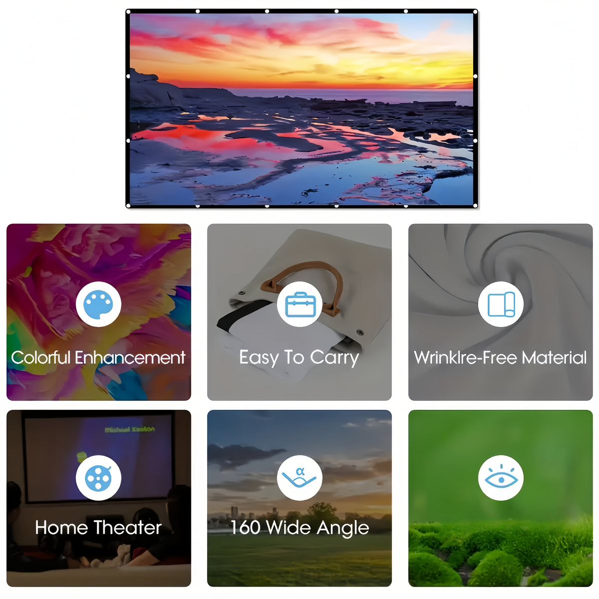 Écran de projection portable 100 pouces 4K HD 16:9 – Écran de cinéma pliable anti-plis pour intérieur et extérieur, angle de vision large 160° à projection double face pour home cinéma, camping, fêtes et présentations