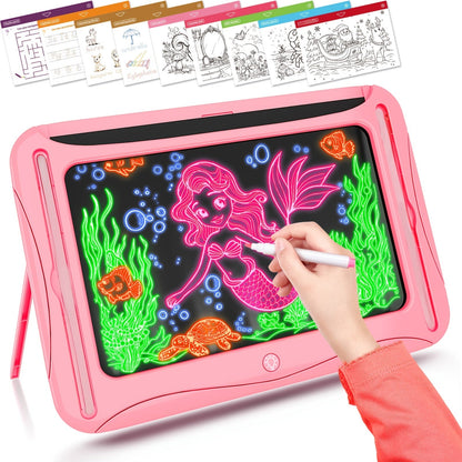 Tablette à dessin lumineuse LED pour enfants de 3 à 8 ans – Kit d’art phosphorescent avec 9 cartes recto-verso et 6 marqueurs, jouet éducatif de voyage, cadeau d'anniversaire et de Noël pour filles et garçons