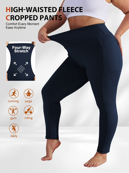 Pantalon de yoga grande taille pour femme avec poches – Legging chaud doublé en polaire taille haute pour l'automne et l'hiver, pantalon de sport moulant élastique, tailles 1XL-5XL en noir, gris, bordeaux et bleu marine