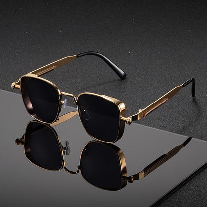 Lunettes de soleil carrées rétro steampunk pour hommes et femmes – Monture en métal vintage, verres dégradés verts, protection UV400, lunettes de fête, streetwear et festival avec étui et chiffon, idée cadeau unique